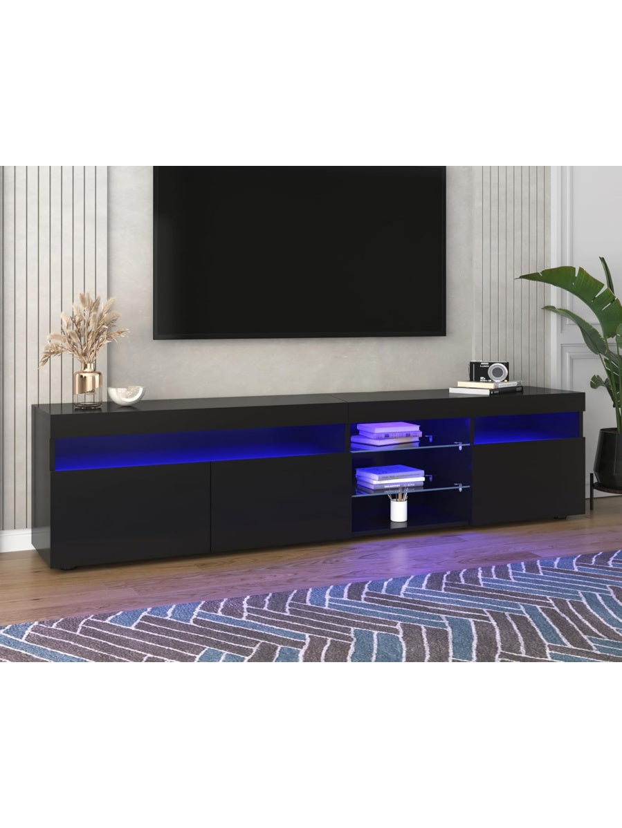 Centro Multimedia LED de 180 cm, Mueble Bajo para Television con Acabado Brillante y Gran Almacenamiento, Negro