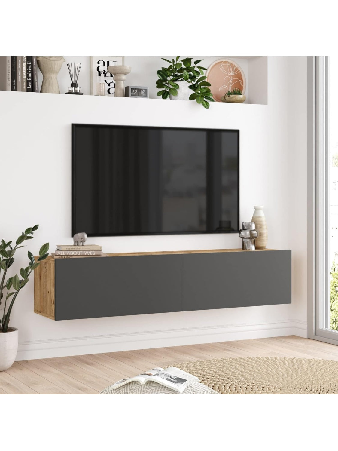 Mueble suspendido para television con dos puertas y acabado efecto roble rustico combinado con antracita