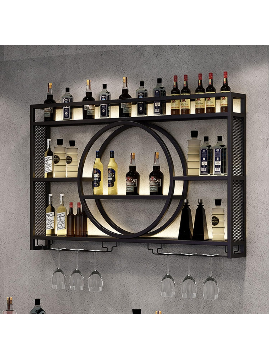 Botellero de Pared Industrial de 3 Niveles, Estante Metalico para Vinos y Copas, Negro, 140 cm