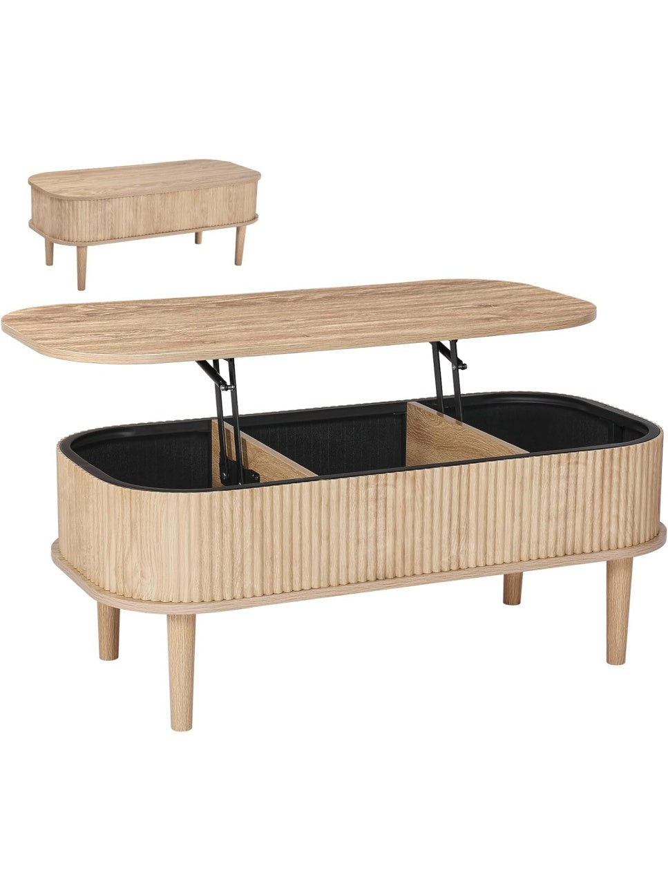 Mesa de centro elevable con tres compartimentos ocultos y acabado en madera acanalada natural