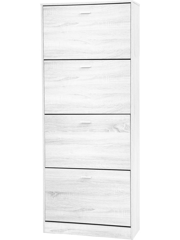 Zapatero Moderno de 4 Puertas, Armario Estrecho para Calzado con Diseno Ahorra Espacio, Blanco y Madera
