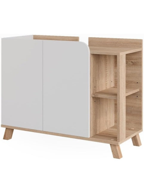 Mueble bajo lavabo de dos puertas para optimizar el espacio del bano, blanco y roble Sonoma