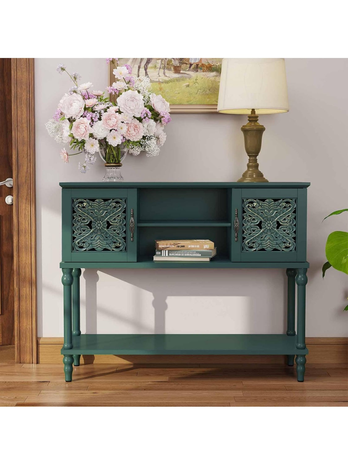 Mesa Consola con 2 Armarios y Compartimentos Abiertos, Mueble Auxiliar Clasico para Entrada o Salon, Verde, 107 x 36 x 86 cm