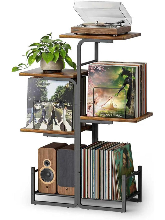 Soporte vintage para tocadiscos con espacio para coleccion de vinilos y accesorios