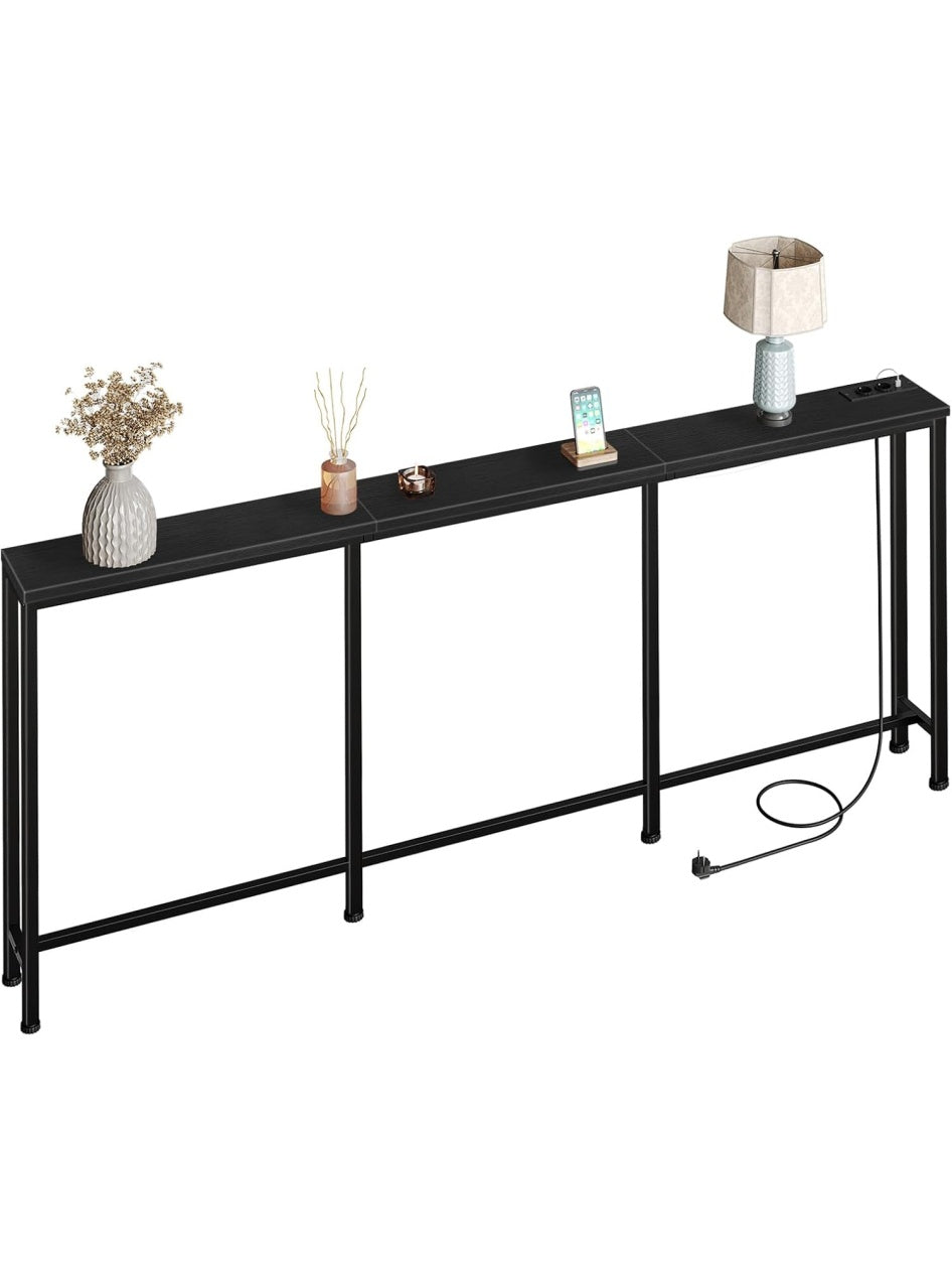 Mesa Consola para Entrada con Base de Carga, 2 Enchufes y 2 Puertos USB, Negro, 200 x 18 x 82 cm