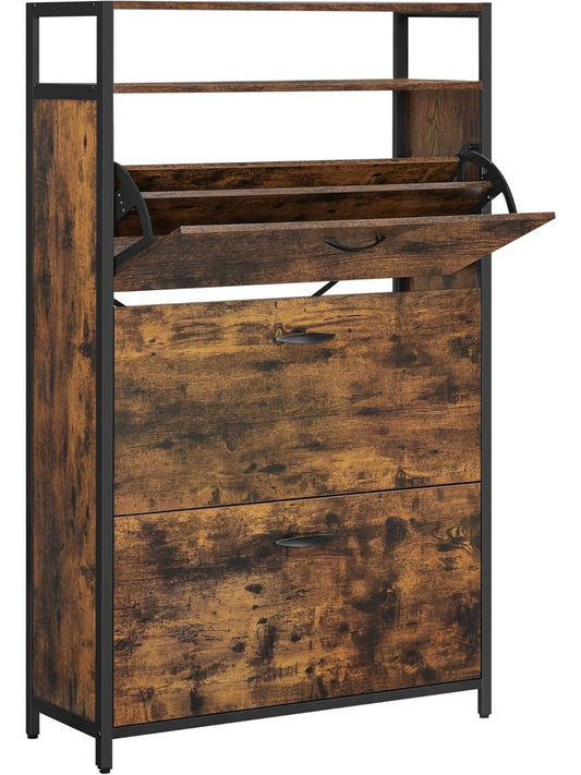 Organizador de calzado con 3 compartimentos abatibles para 15 a 24 pares, acabado marron rustico y negro, 80 x 30 x 130 cm