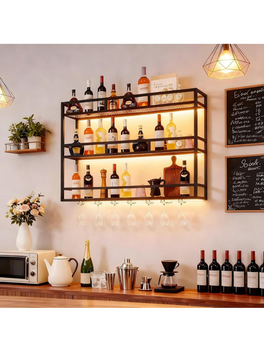 Estanteria mural para vino con iluminacion LED, soporte para copas y tres niveles metalicos