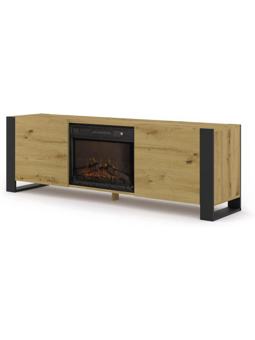 Centro de TV de 180 cm con Chimenea Electrica Integrada, Mueble Multimedia en Roble Artisan para Salon