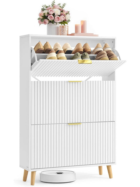 Organizador de calzado con tres compartimentos abatibles y diseno de inspiracion Mid Century, blanco nube