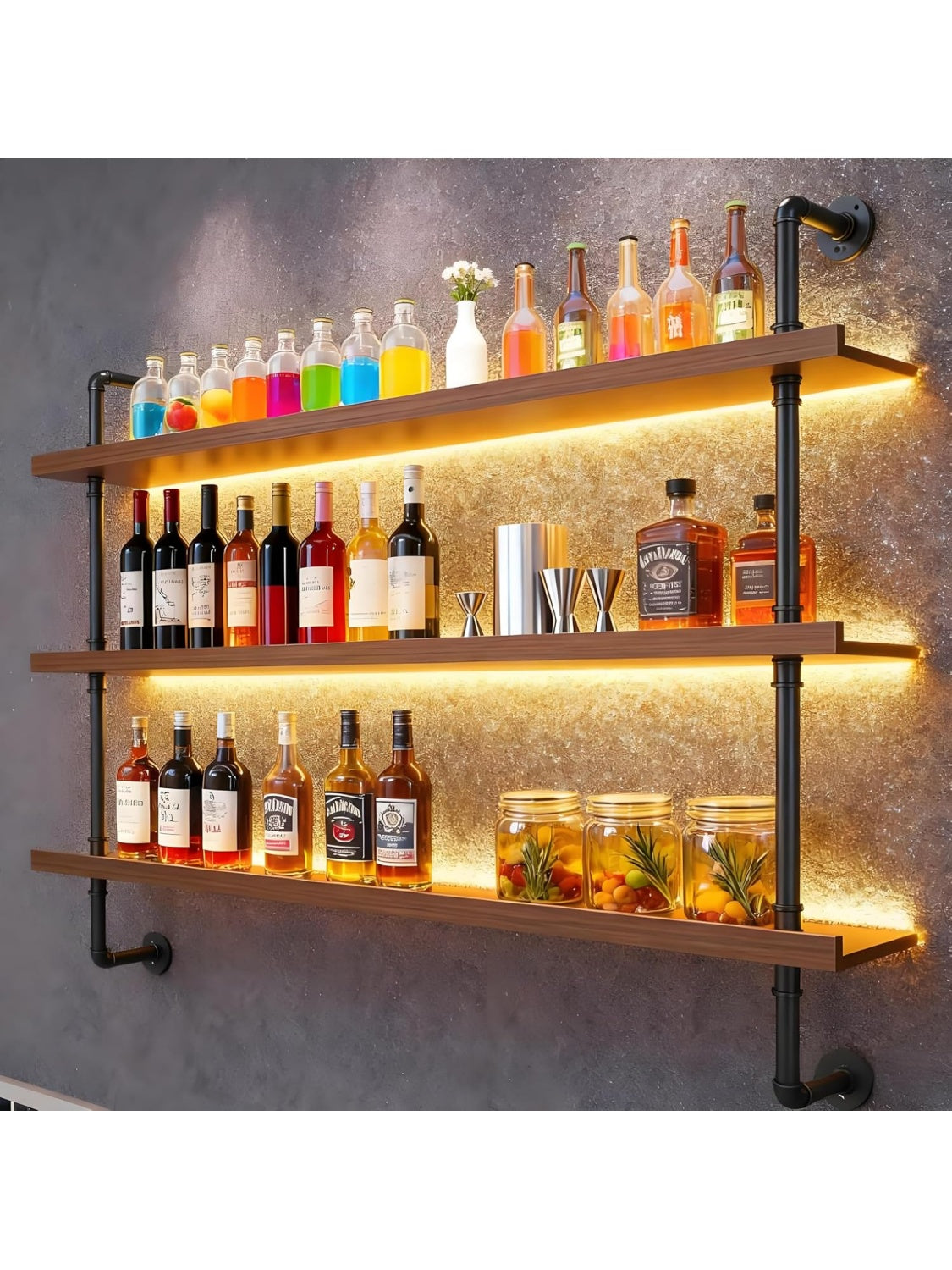 Botellero de Pared Industrial con Luz LED, 3 Niveles para Botellas y Copas, Madera y Acero, 120 cm