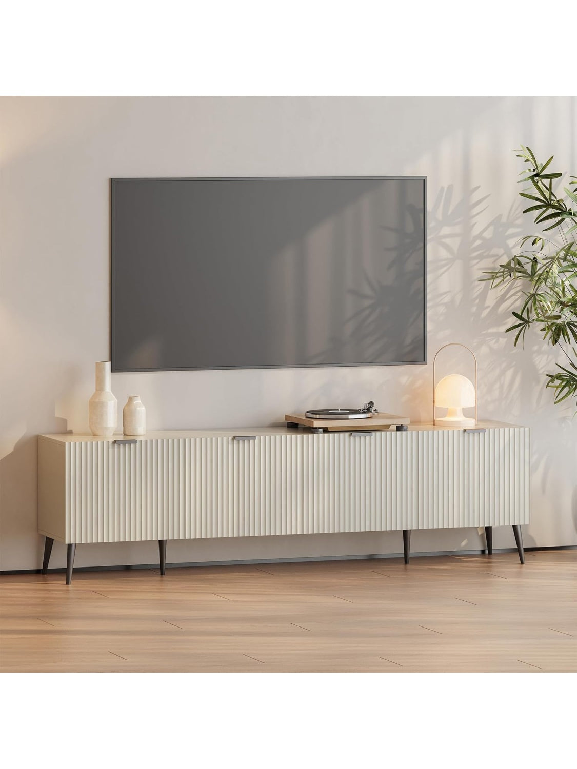 Soporte para TV de 180 cm con Pasacables, Armario Bajo para Salon con Puertas Abatibles y Compartimentos, Acabado Arena