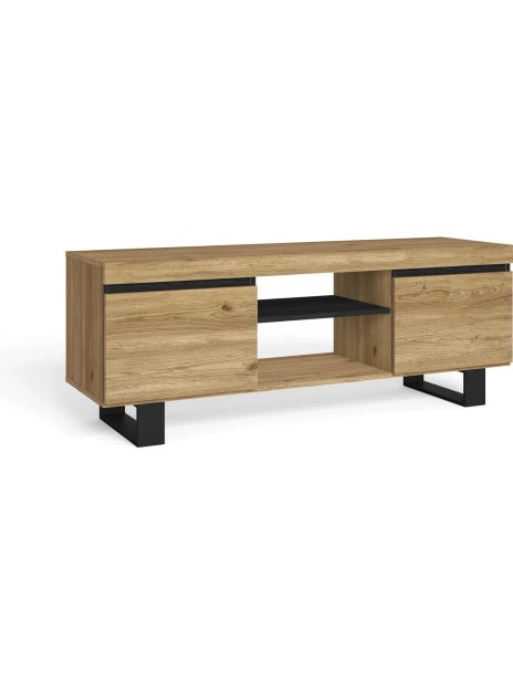 Mueble para Televisor con Patas, 2 Puertas y Compartimento Central, Estilo Nordico en Roble y Negro, 140 x 40 x 53 cm