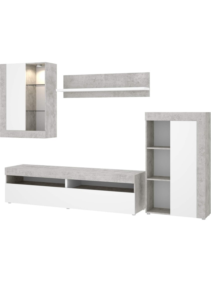 Composicion de Salon con Mueble TV, Vitrina y Luces LED, Diseno Moderno Blanco y Cemento