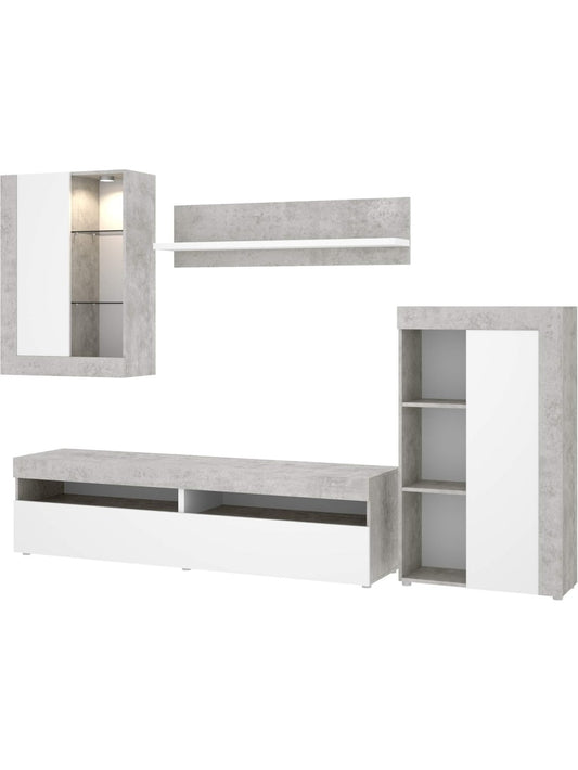 Composicion de Salon con Mueble TV, Vitrina y Luces LED, Diseno Moderno Blanco y Cemento